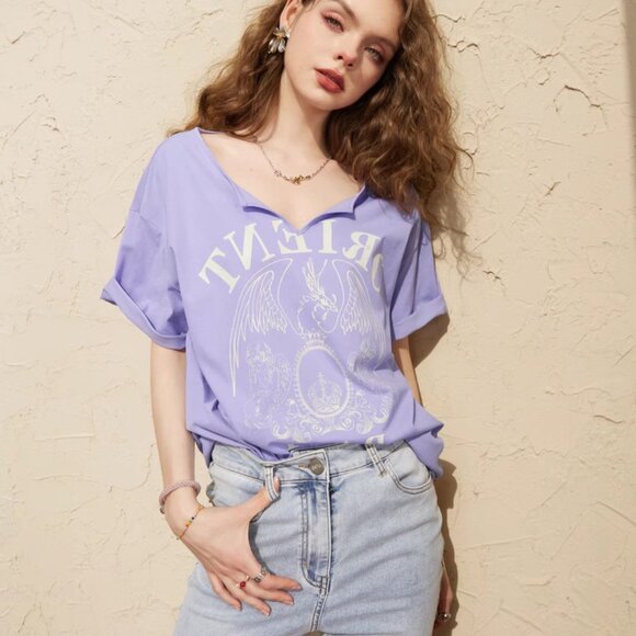 Temperament purple V-neck T-shirt lazy style retro design feel top - Picture 3 of 3